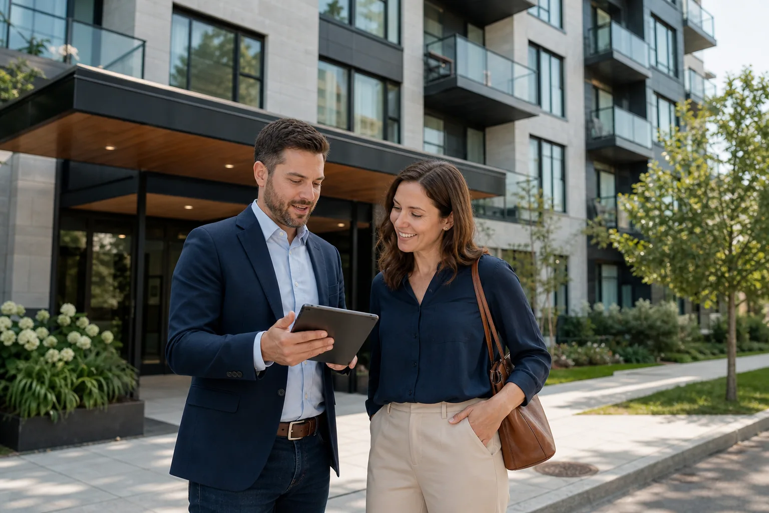 Gestionnaire immobilier présentant un suivi sur tablette à une propriétaire devant un immeuble résidentiel