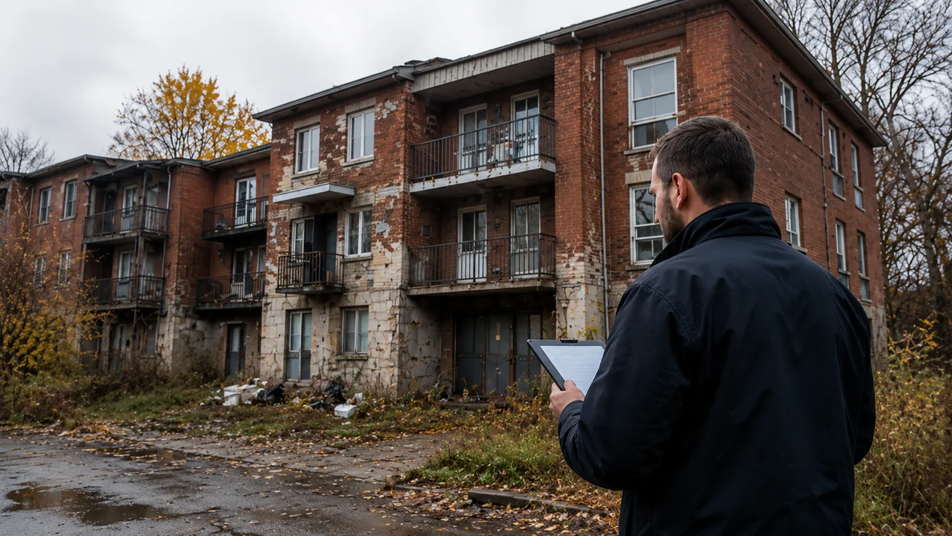 Intervenant observant un immeuble locatif en briques détérioré